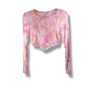 Altar’d State Cropped Sheer Mesh Marbled Top in Orange Pink Size XS